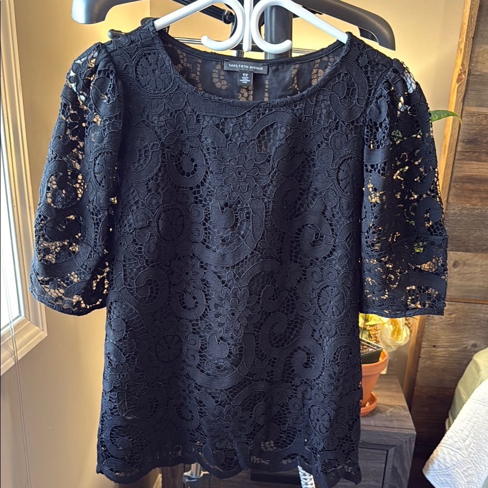 Saks Fifth Avenue Black Lace Short Sleeve Blouse